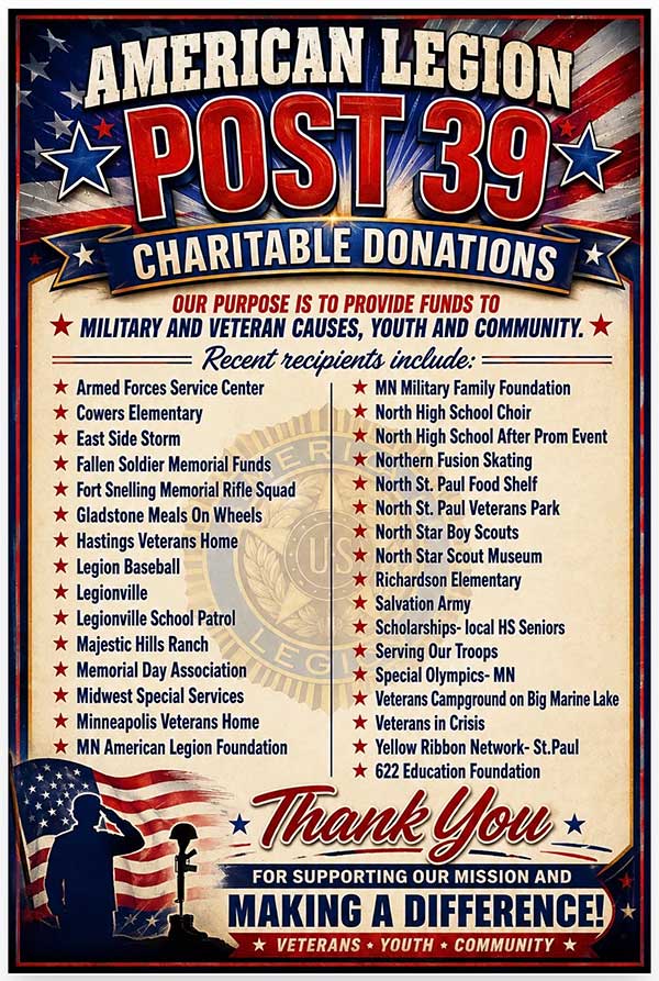 Charitable Donations American Legion North Saint Paul MN. Charitable Donations.