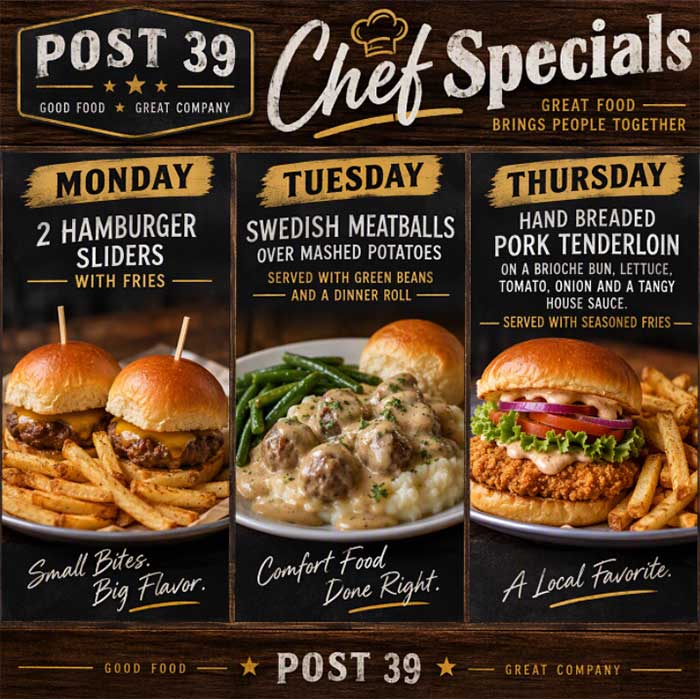 Chef Specials week of October 12, 2026. Chef Specials week October 12, 2026.