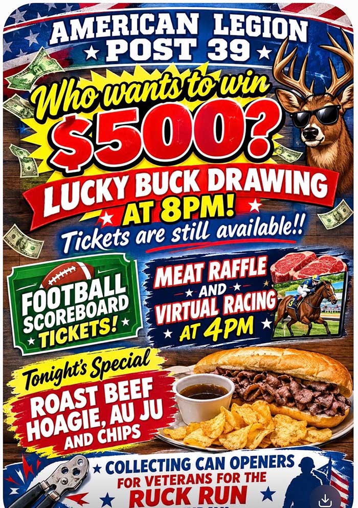 Friday September 18, 2026 Lucky Buck Drawing, Roast Beef Special. Friday September 18, 2026.