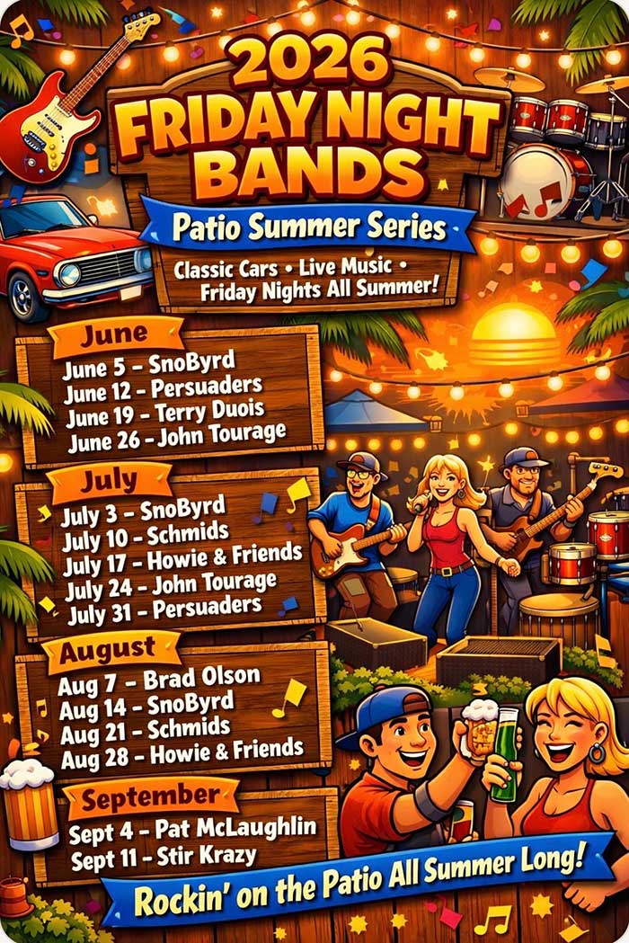 2026 Friday Night Bands Patio Summer Series Legion N. St. Paul MN. Friday Night Bands 2026 Patio Summer Series.