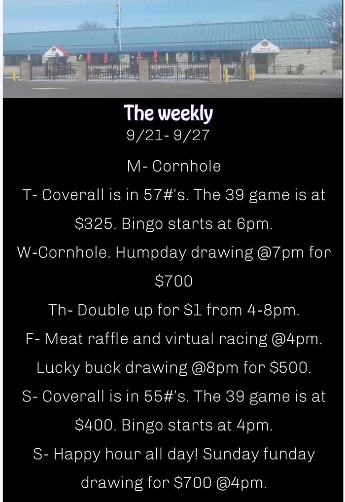 The Weekly Bingo, Cornhole, Drawing and more North Saint Paul MN. The Weekly events Legion North Saint Paul Minnesota.