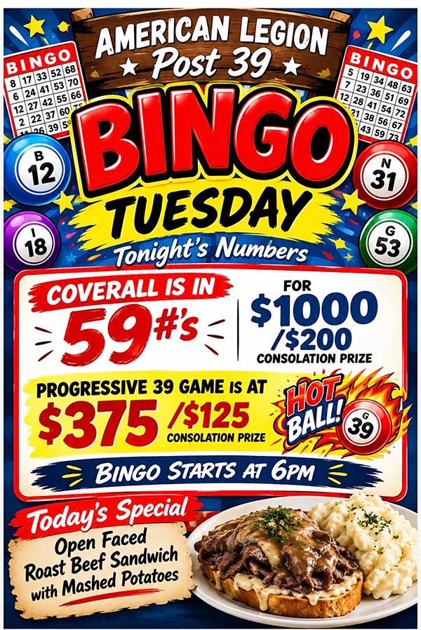 Today Bingo at Legion N. St. Paul MN Roast Beef Sandwich special. Tuesday October 6. 2026 Bingo.