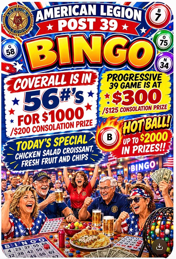 Tuesday September 15, 2026 at Legion Bingo and Chicken Salad Croissant special. Tuesday September 15, 2026.