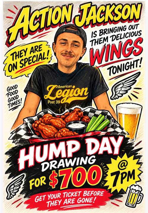 Wednesday October 14, 2026 Chicken Wings special and Hump Day Drawing. Wednesday October 14, 2026.