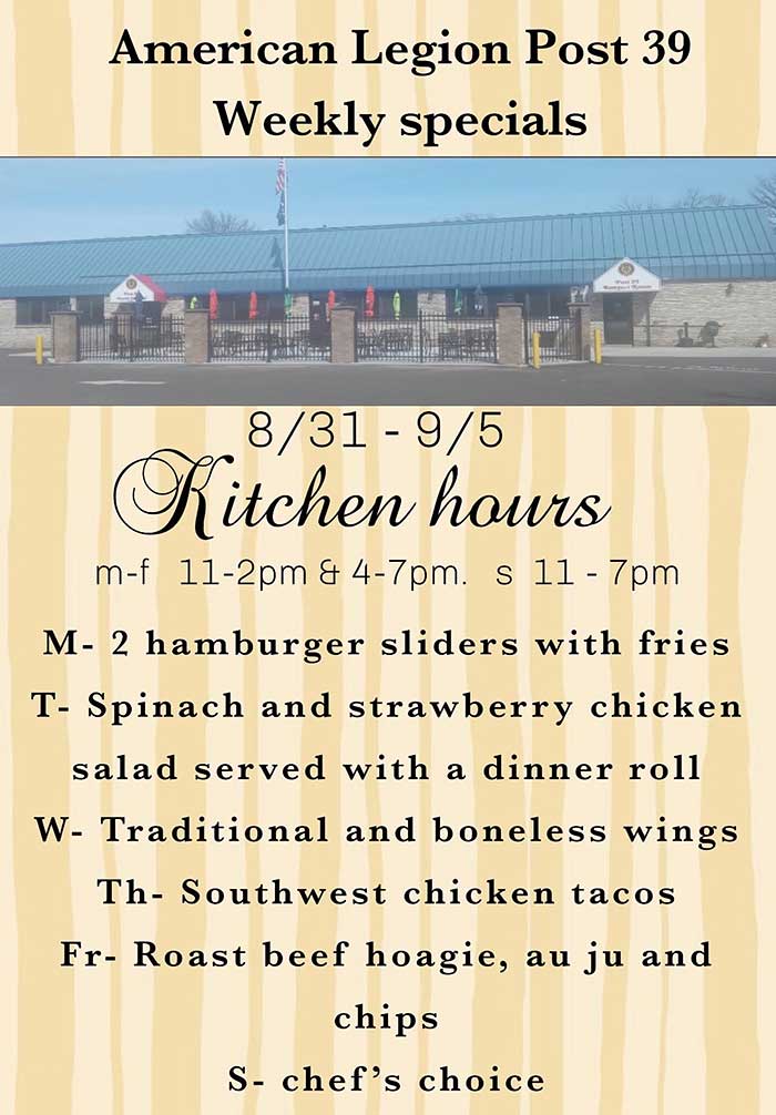 Weekly Specials food August 31,2026 thru September 5, 2026. Weekly Specials food August 31, 2026 thru September 5, 2026.