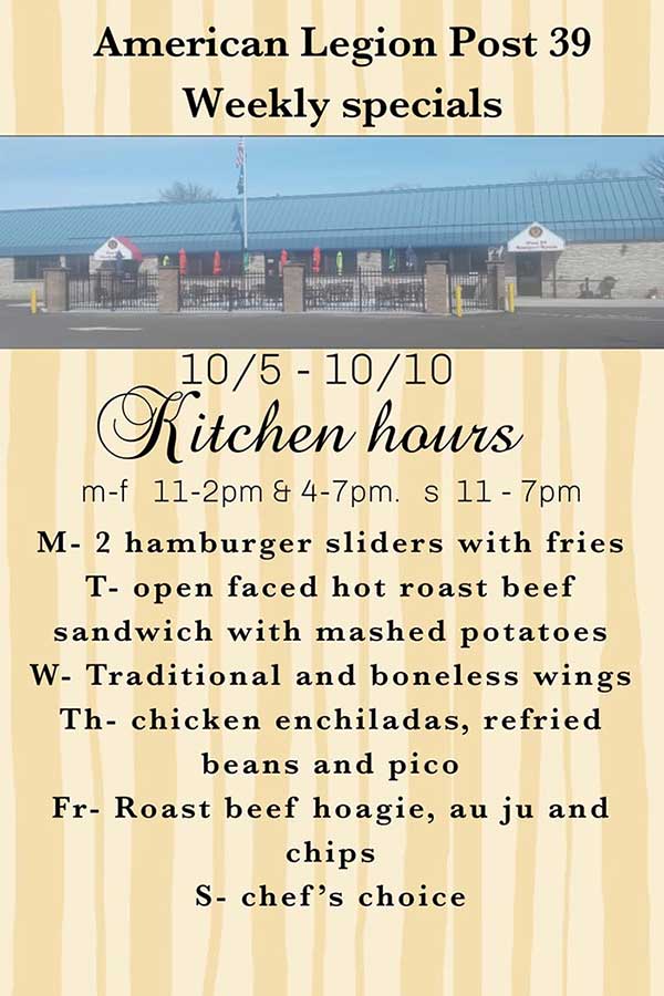Weekly Food Specials N. St. Paul MN American Legion October 5, 2026. Weekly Food Specials.
