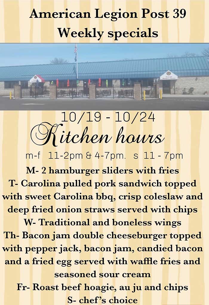 Weekly Food Specials October 19 thru 24, 2026 at American Legion N. St. Paul MN. Weekly Food Specials October 19 thru 24, 2026.
