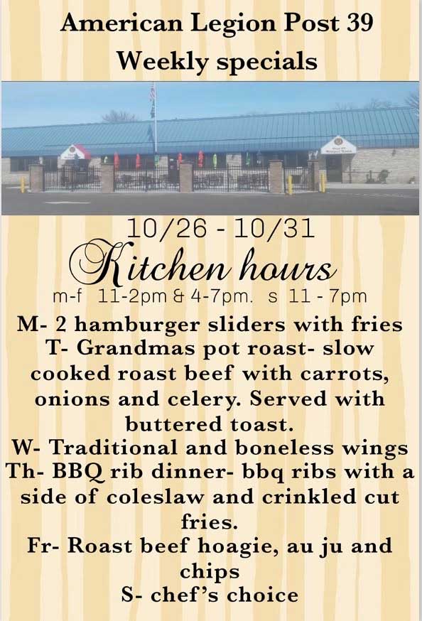 Weekly Food Specials October 26 thru 31, 2026 at American Legion North Saint Paul MN. Weekly Food Specials October 26 thru 31, 2026.