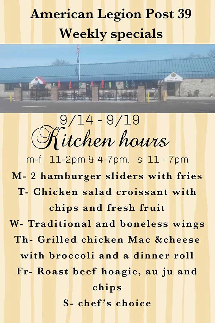 Weekly Food Specials American Legion N. St. Paul Sept. 14 thru 19, 2026. Weekly Food Specials.