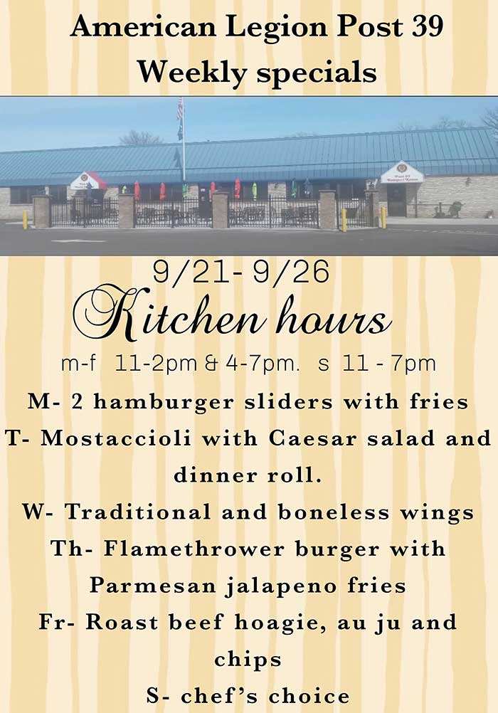 Weekly Specials food September 21, 2026 at the Legion. Weekly Specials food September 21, 2026.